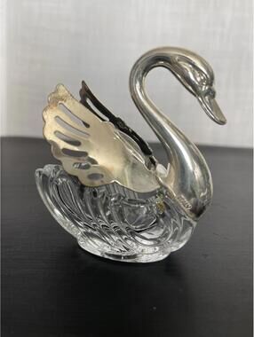 Vintage Swan Salt Cellars 2, Crystal and Silver Plate, Movable Wings, Italy